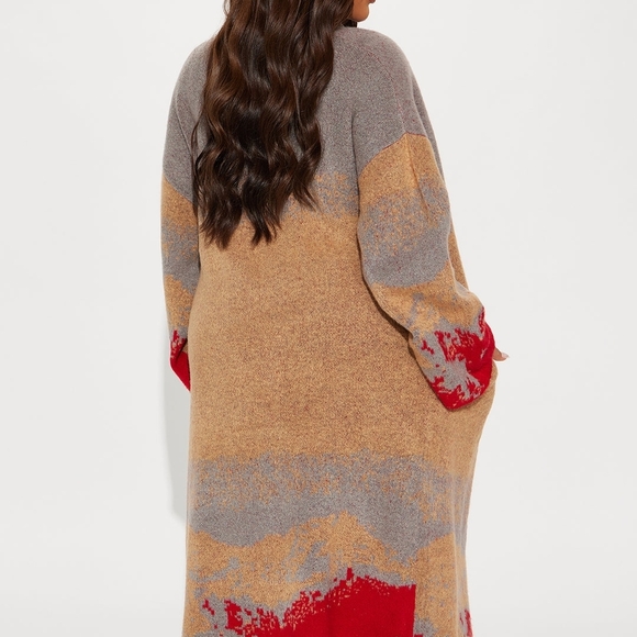 Fashion Nova Long Colorblock Open-Front Cardigan - Red, Gray, Tan - Picture 2 of 4